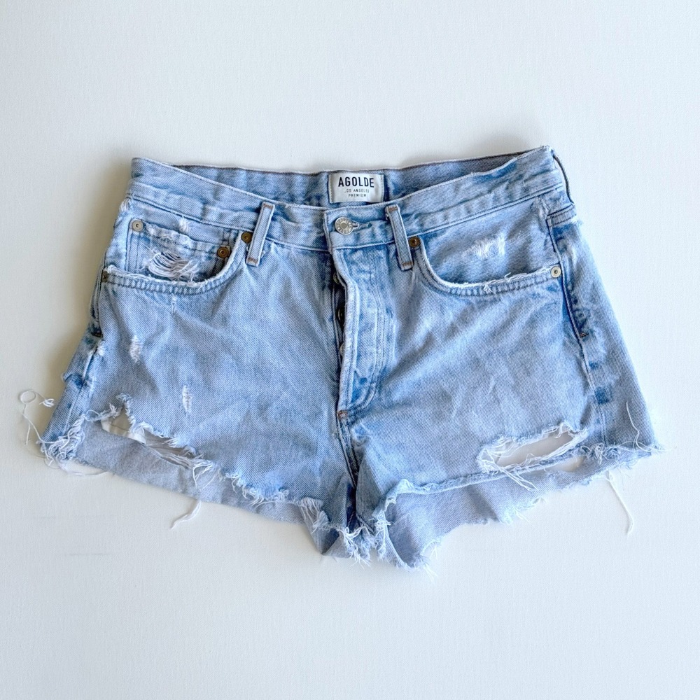AGOLDE Parker Cut Off Denim Shorts Women's Size 27 Light Blue Distressed - Picture 2 of 7
